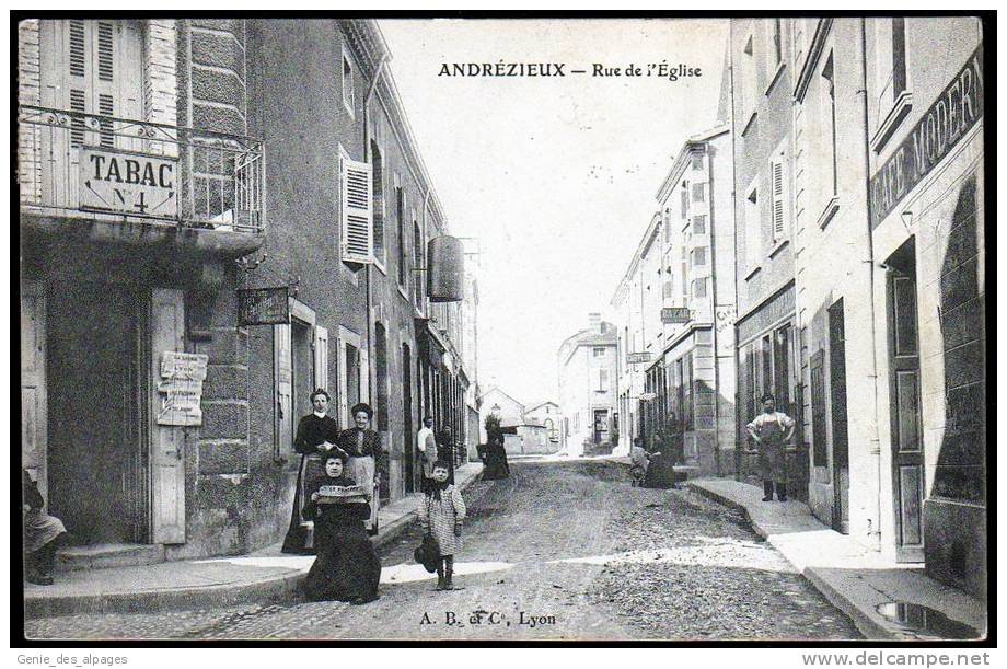 42 ANDREZIEUX; Andresieux, Rue De 'église, Animée, Tabac, Café Moderne, Ed A B Et C , Circulé En 1906, Bon état - Andrézieux-Bouthéon