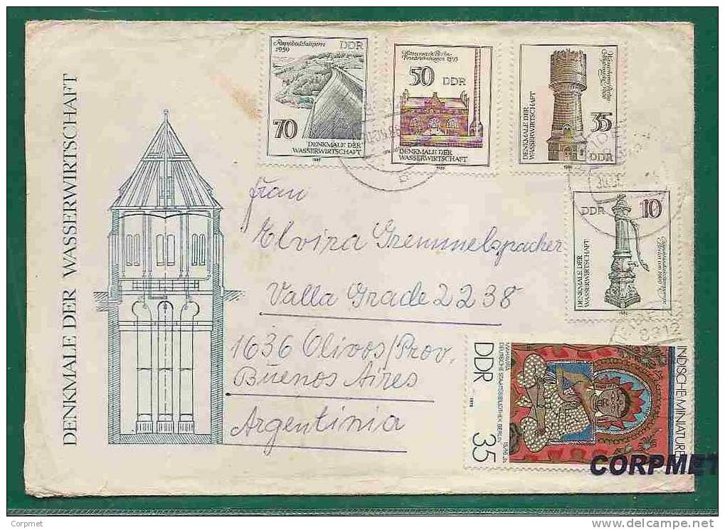 WATER -COMM WATER CACHETED GERMANY DDR COVER -Yvert # 2616/9 +INDIA #2084- Sent To ARGENTINA -at Back VIGNETTES Closing - Water