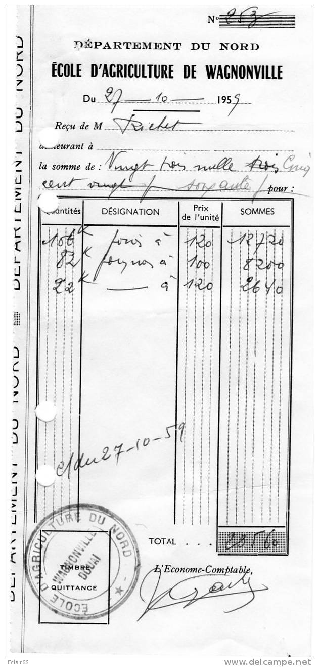 59      WAGNONVILLE  Facture    Ecoles D'agriculture Et D'Horticulture, - Landwirtschaft