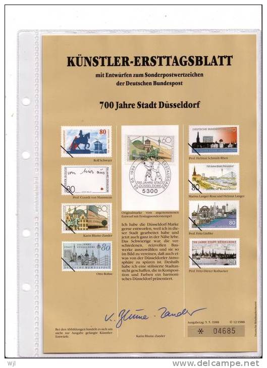 KUNSTLER - ERSTTAGSBLALTT - FDC DOC  - Karin Blume-Zander - 05.05.1988 - YT N° 1201 - Dusseldorf, Statue Et Monuments Ty - Autres & Non Classés