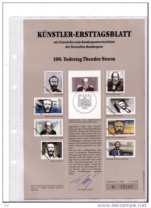 KUNSTLER - ERSTTAGSBLALTT - FDC DOC  - Prof. Gunter Jacki - 05.05.1988 - YT N° 1203 - Theodor Storm, écrivain - DIVERS C - Autres & Non Classés