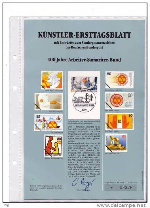 KUNSTLER - ERSTTAGSBLALTT - FDC DOC  - Corinna Rogger - 10.11.1988 - YT N° 1226 - Centenaire De L'association Des Secour - Andere & Zonder Classificatie