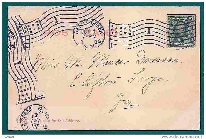 USA - BATTLE CREEK, MICHIGAN 1906 UNDIVIDED POSTCARD Sent With FRANKLIN -Two Imperforate Sides - Several US Flags Cancel - Covers & Documents