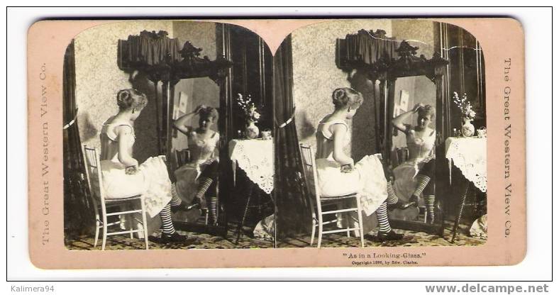 EROTIC 1900 / "AS IN A LOOKING-GLASS" / COMME DANS UN MIROIR / RARE PHOTOGRAPHIE STEREO, Par  Edw. CLARKS ( 1896 ) - Photos Stéréoscopiques