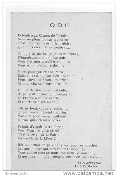 69 )FL) BEAUJEU, Aux Enfants De Beaujeu, Morts Pour La France, + ODE Au Verso - Beaujeu