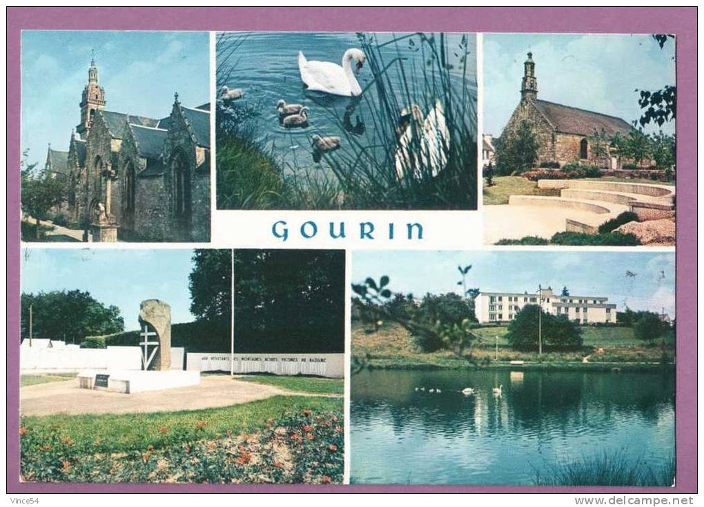 GOURIN - Multivues - 5 Vues - L´église, Les Cygnes, La Chapelle, Le Plan D´eau, Le Monument Des Résistants - Gourin