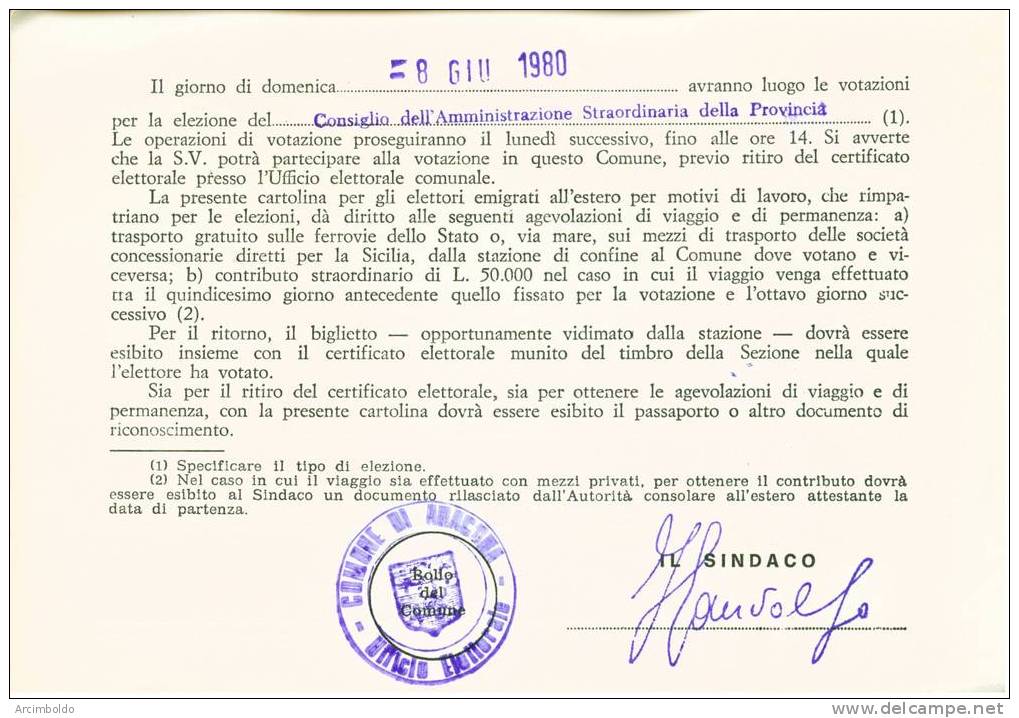 Convocazione Elettorale - Aragona - Agrigento 1980 - Autres & Non Classés