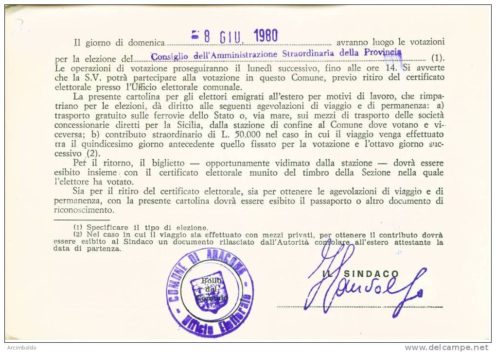 Convocazione Elettorale - Aragona - Agrigento 1980 - Autres & Non Classés