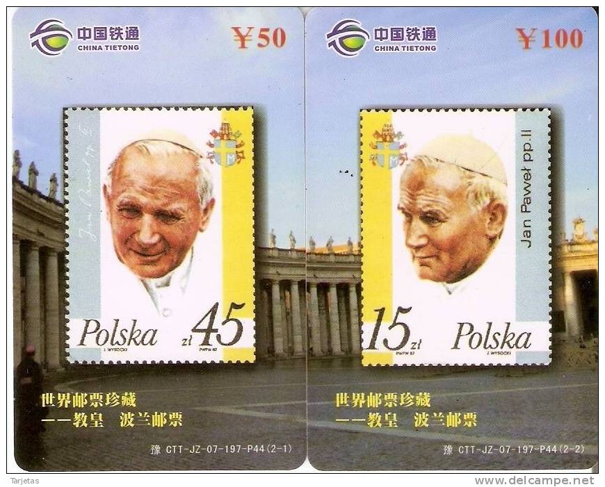 PUZZLE DE CHINA DE 2 TARJETAS CON SELLOS DEL PAPA JUAN PABLO II (STAMP-POPE) - Stamps & Coins