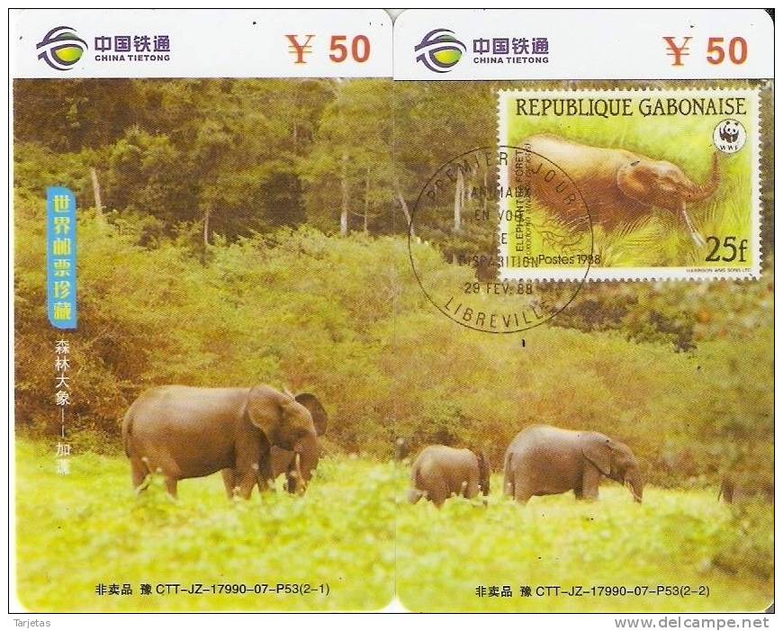 PUZZLE DE CHINA DE 2 TARJETAS CON SELLO DE VARIOS ELEFANTES DE GABON WWF (STAMP-ELEPHANT) - Francobolli & Monete