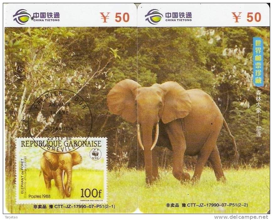 PUZZLE DE CHINA DE 2 TARJETAS CON SELLO DE UN ELEFANTE DE GABON WWF (STAMP-ELEPHANT) - Timbres & Monnaies