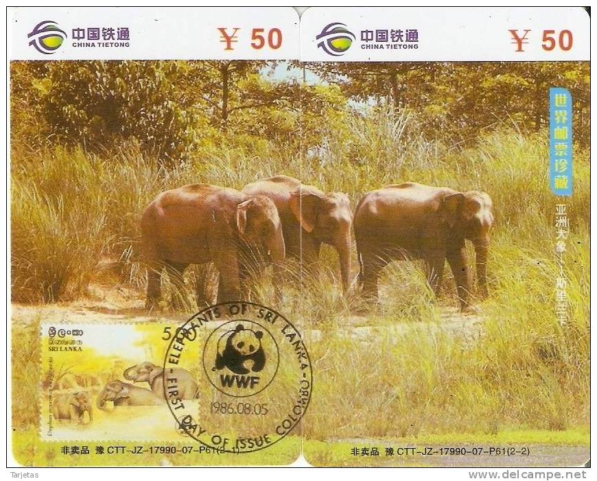 PUZZLE DE CHINA DE 2 TARJETAS CON SELLO DE VARIOS ELEFANTES DE SRY LANKA WWF (STAMP-ELEPHANT) - Stamps & Coins