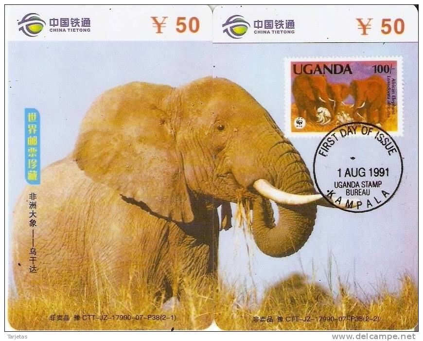 PUZZLE DE CHINA DE 2 TARJETAS CON SELLO DE UN ELEFANTE DE UGANDA WWF (STAMP-ELEPHANT) - Francobolli & Monete