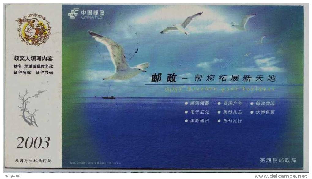 Seagull Bird,China 2003 Wuhu Post Office Advertising Pre-stamped Card - Meeuwen