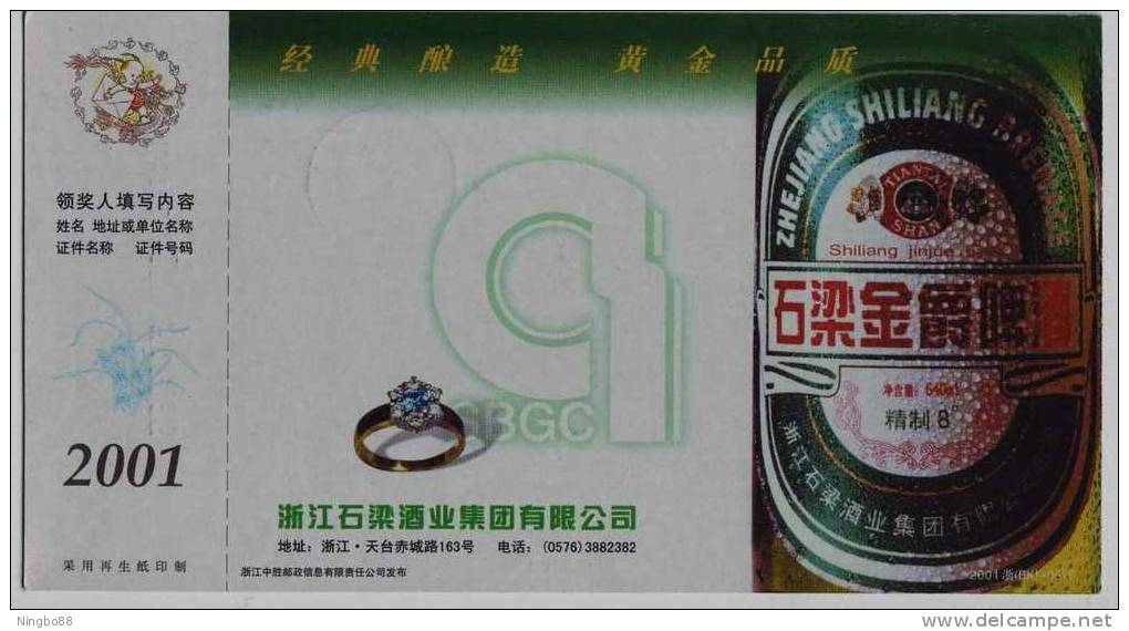 Sapphire Gem Ring,China 2001 Gold Quality Shiliang Beer Advertising Pre-stamped Card - Biere
