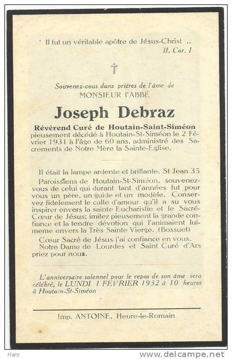 HOUTAIN - St - SIMEON - Décès De L'Abbé Joseph Debraz 1931 - Curé à Houtain(916) - Sonstige & Ohne Zuordnung