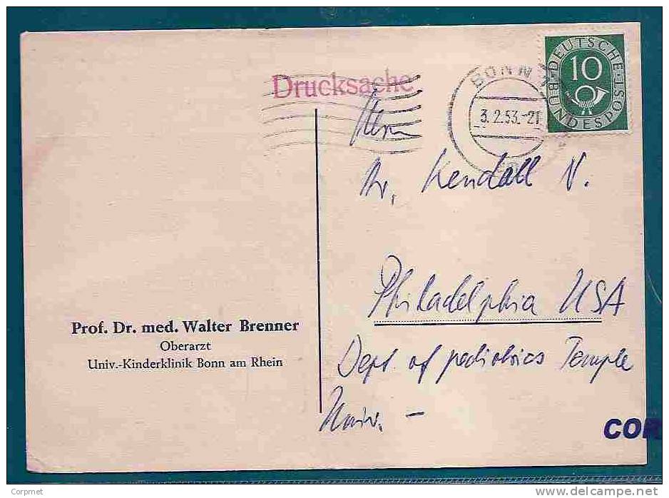 GERMANY - VF 1953 CARD From BONN To PHILADELPHIA - Solo With Yvert # 14 - Brieven En Documenten