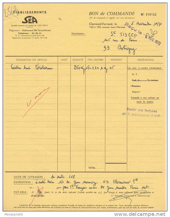 Bon De Commande Des Etablissements SEA De Clermont-Ferrand Et De 1970 - Non Classés