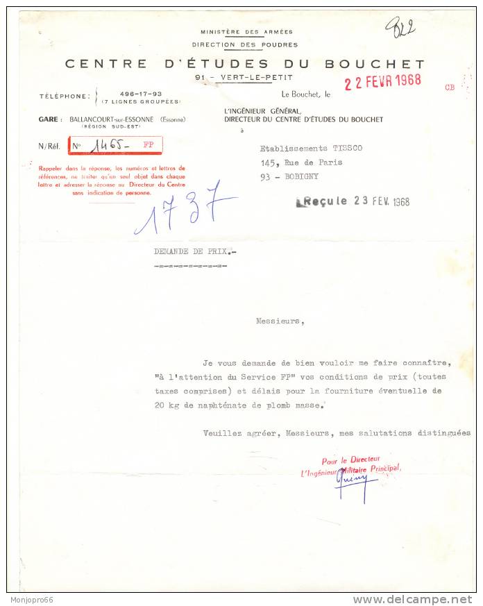 Demande De Prix Du Ministère Des Armées, Direction Des Poudres CENTRE D’ETUDES DU BOUCHET De Le Bouchet Et De 1968 - Non Classés