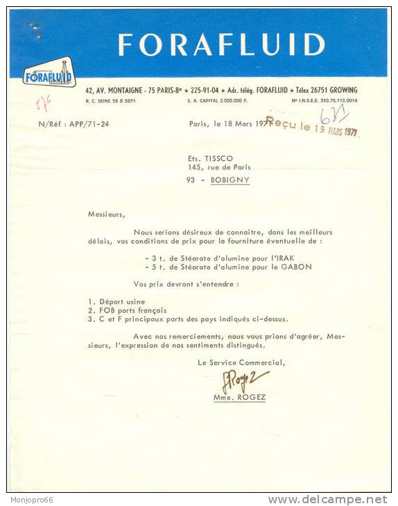 Demande De Prix De La Société FORAFLUID De Paris Et De 1971 - Non Classés