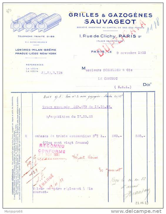 Facture De La Société Grilles & Gazogènes SAUVAGEOT De Paris Et De 1933 - Electricity & Gas