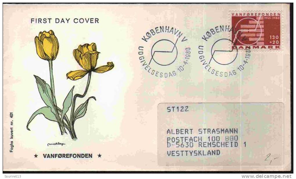 Fdc Danemark 1980 Handicaps 1955 Fondation Fauteuil Roulant Stylisé Ill. Marigold - Handicaps