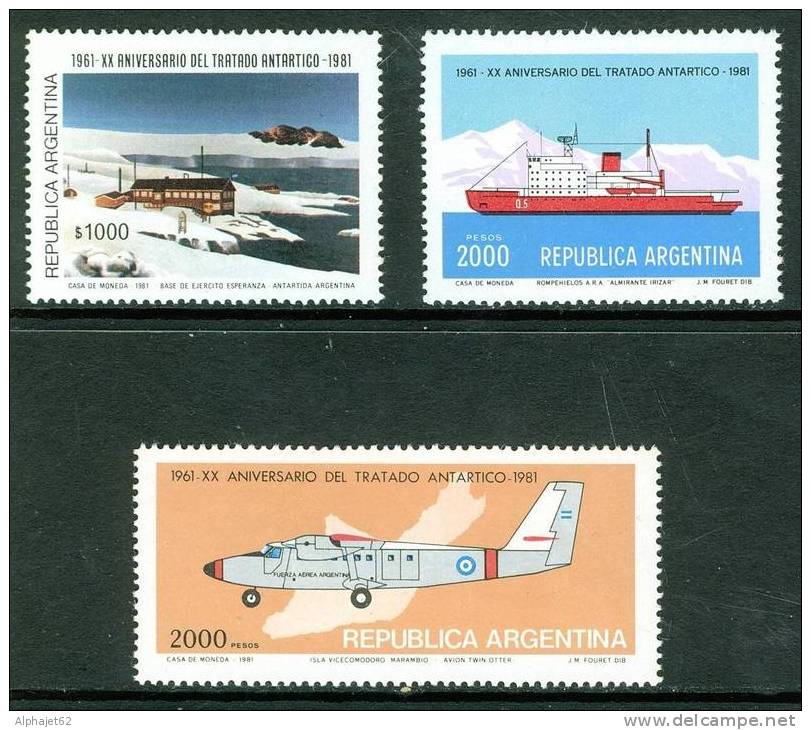 Antarctique - ARGENTINE - Base, Avion, Bateau - 20ème Anniversaire Du Traité - N° 1246 à 1248 ** - 1981 - Nuevos