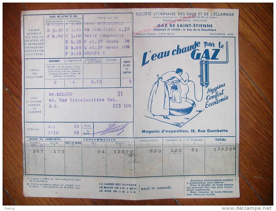 FACTURE DE GAZ ILLUSTREE DE SAINT ETIENNE - JUIN 1939 - Electricité & Gaz