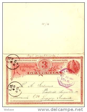 GU059 / GUATEMALA -  Doppelkarte 3 C. Quetzal(P 5)nach Leipzig 1894 - Guatemala