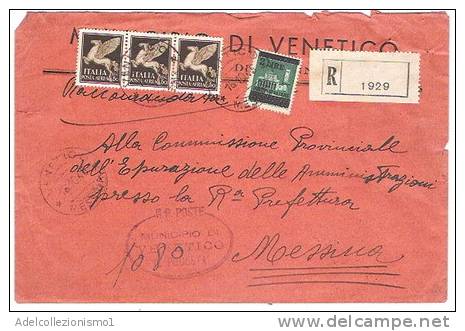 2893)raccomandata Con 2£ Luogotenenza + 3x50c Aerea Da Messina A Città Il 16-10-1945 - Marcophilia