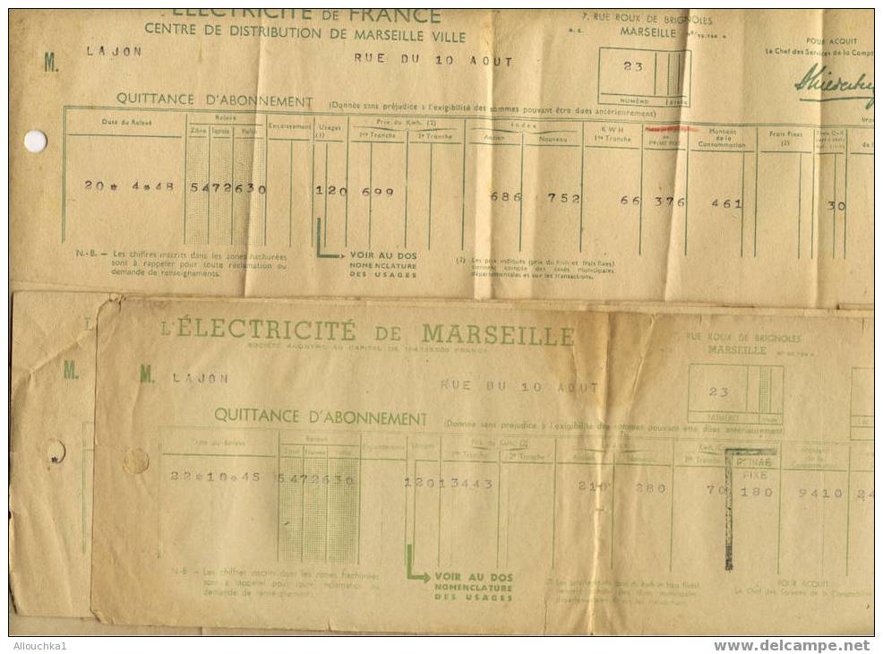 LOT DE 10 FACTURES ELECTRICITE DE MARSEILLE DE 1945/46/47/48 - Electricity & Gas