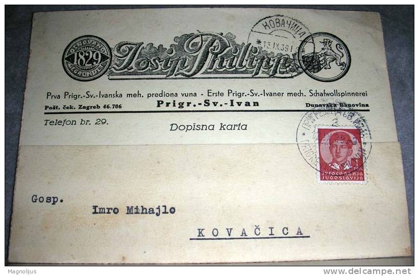 Yugoslavia,Business Letter,Josip Philipp,Prigrevica Sv.Ivan,Wool Factory,Memorandum,vintage Postcard - Industry