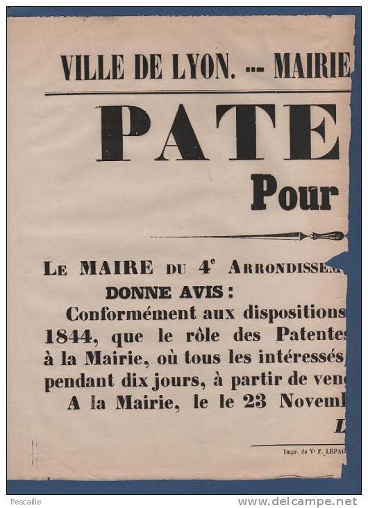 AFFICHE ENV. 40X28 MAIRIE DE LYON 4e ARRONDISSEMENT 1876 - PATENTES POUR 1877 - Afiches