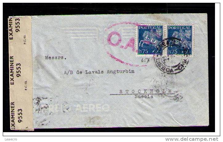 Portugal OAT (Onward Air Transmission) Cancel Type III  Circulated Censor Cover Air Mail LISBOA 1945 To SWEDEN  Gc470 - Lettres & Documents