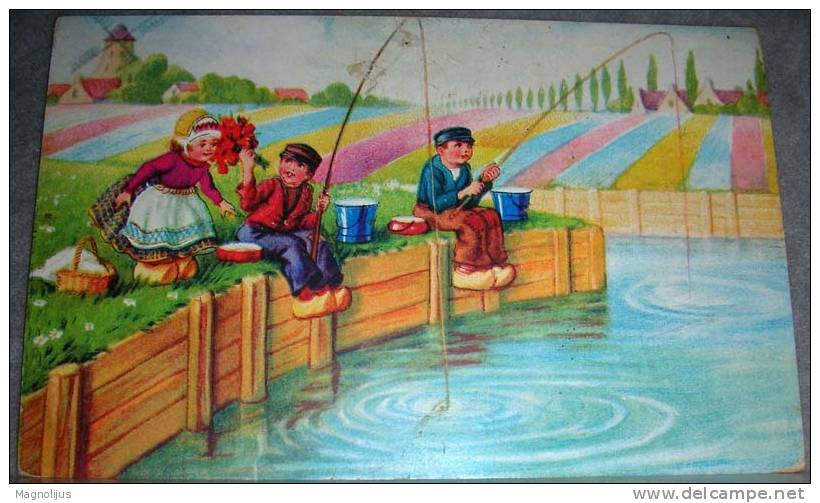 Sport,Hobby,Fishing,Children,Boys,Girl,Windmill,vintage Postcard - Angelsport