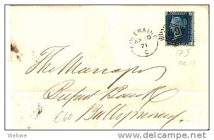 IRL067 / Coleraine 1871 Bankbrief Victoria 2 D, Plate 13 - Storia Postale