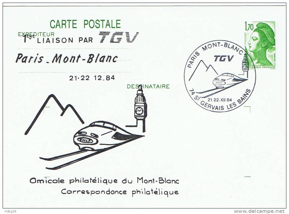 F Frankreich 1984 Mi 2454 PK Liberté Liaison Par TGV Paris - Montblanc - Overprinter Postcards (before 1995)