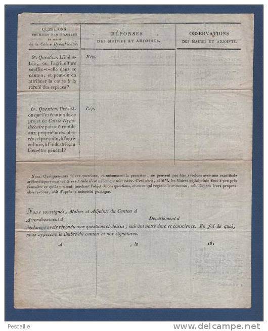 BANQUE - QUESTIONNAIRE ENVOYE AUX MAIRES - QUESTIONS SOUMISES PAR L'AUTEUR DU PROJET DE CAISSE HYPOTHECAIRE ANNEES 1810 - Historical Documents