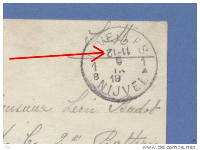 Kaart Met Cirkelstempel NIVELLES / NIJVEL 1B, Jaarblok 19 Links (noodstempel),het Uurblok "11-12" Omgedraaid Aangebracht - Fortune Cancels (1919)