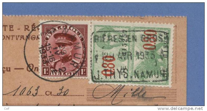 317 Op Carte-récépissé / Ontvangstkaart Met Stempel NAMUR, Fiscale Zegel Met Stempel BIERES EN GROS / J. THYS NAMUR - 1931-1934 Kepi