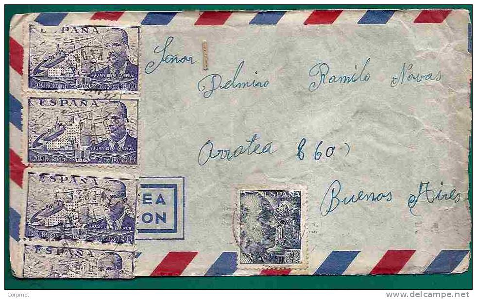 ESPAÑA - 1952 SOBRE VIA AEREA De PORRIÑOS, ATIOS, PONTEVEDRA A BUENOS AIRES, Juan De La CIERVA - 1pts (x4) - Lettres & Documents