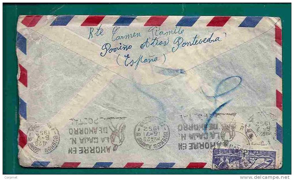 ESPAÑA - 1952 SOBRE VIA AEREA De PORRIÑOS, ATIOS, PONTEVEDRA A BUENOS AIRES, Juan De La CIERVA - 1pts (x4) - Storia Postale