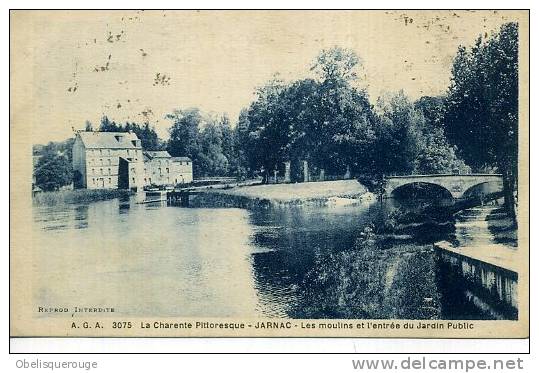 16 JARNAC LES MOULINS A L ENTREE DU JARDIN PUBLIC  PONT  N ° 3075 A G A - Jarnac