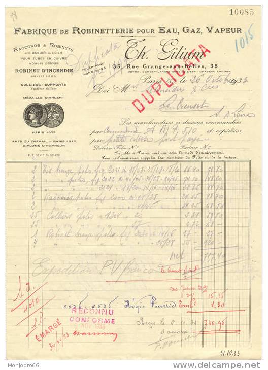 Facture De La Fabrique De Robineterie Pour Eau, Gaz, Vapeur TH. GILIUM De Paris Et De 1933 - Electricité & Gaz