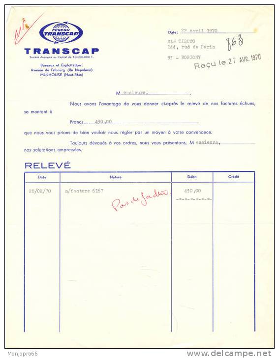 Facture De La Société TRANSCAP De Mulhouse Et De 1970 - Verkehr & Transport