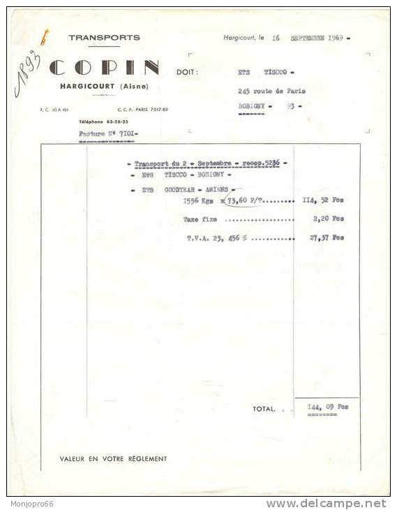 Facture Des Transports COPIN De Hargicourt De 1969 - Sport & Tourismus