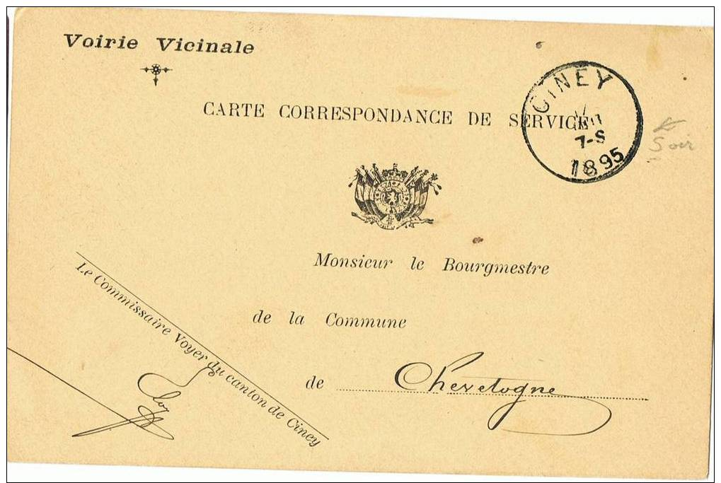 CHEMIN DE FER VICINAL  CARTE VOIRIE VICINALE CANTON DE CINEY  1895 Vers CHEVETOGNE - Autres & Non Classés