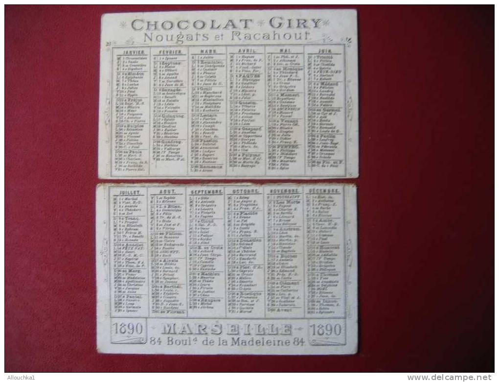 RARE De 1890 PETIT CALENDRIER CHROMO PUBLICITAIRE INTROUVABLE COLLECTION CHROMO COUPE EN 2 MAIS COMPLET CHOCOLAT GIRY - Formato Piccolo : ...-1900