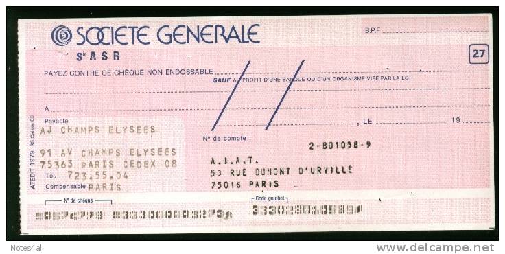 **-** FRANCE PARIS  BANCK CHEQUE SOCIETE GENERAL - Bills Of Exchange