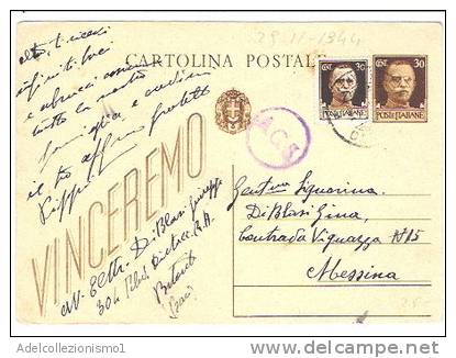 3006)intero Postale Vinceremo Con 30c + 3x10c Imperiale Da Bitonto A Messina Il 29-11-1944 - Marcofilía